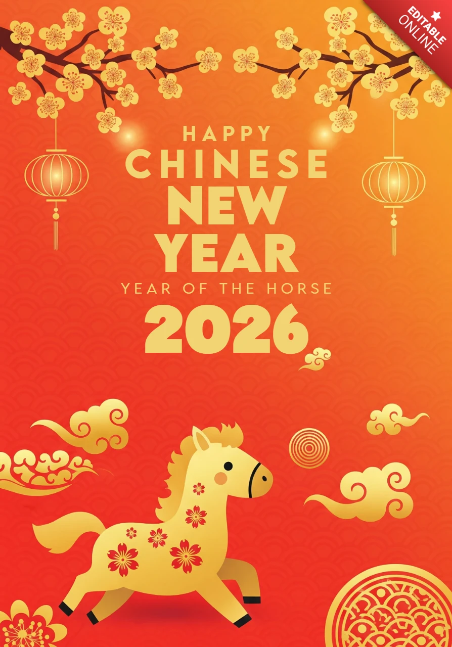 Année du cheval 2026, design floral de cheval pour le Nouvel An chinois avec des lanternes, des nuages et des motifs chinois traditionnels.
