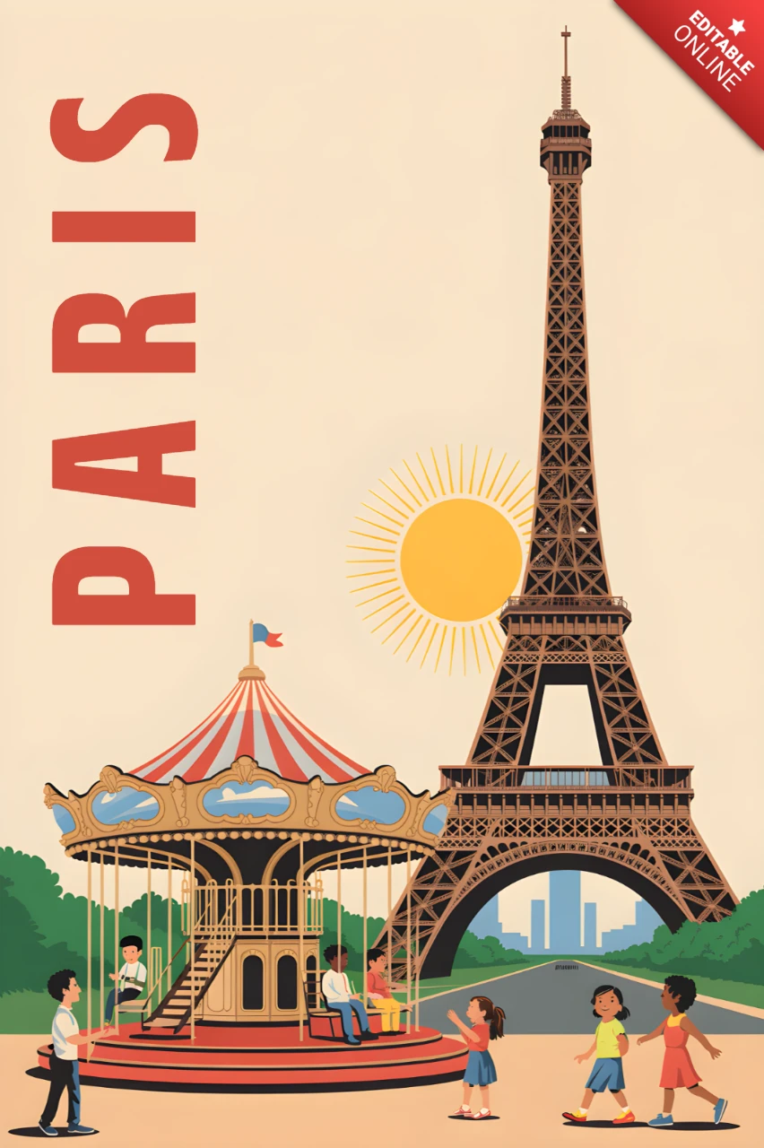 Paris Charming Vintage Carousel and Eiffel Tower Design for Posters and Postcards