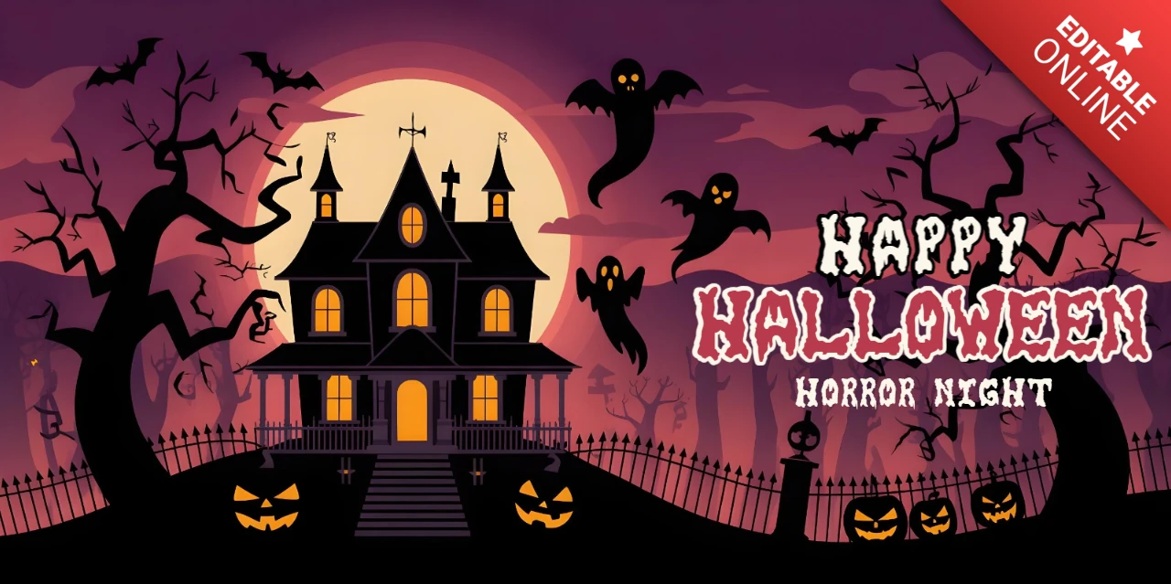 Casa assombrada de Halloween, fantasmas brilhantes, abóboras iluminadas e cena de noite de horror, modelo de capa do YouTube.