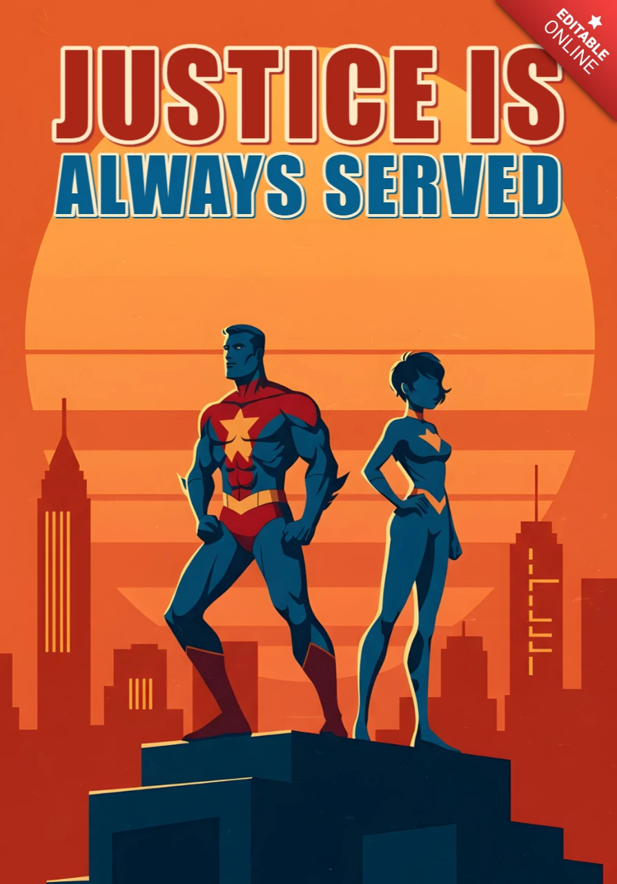 Gerechtigkeit wird immer durch das Superhelden-Duo mit Stadtlandschaft bei Sonnenuntergang und mutigem Zitat-Poster-Design-Template verkörpert.