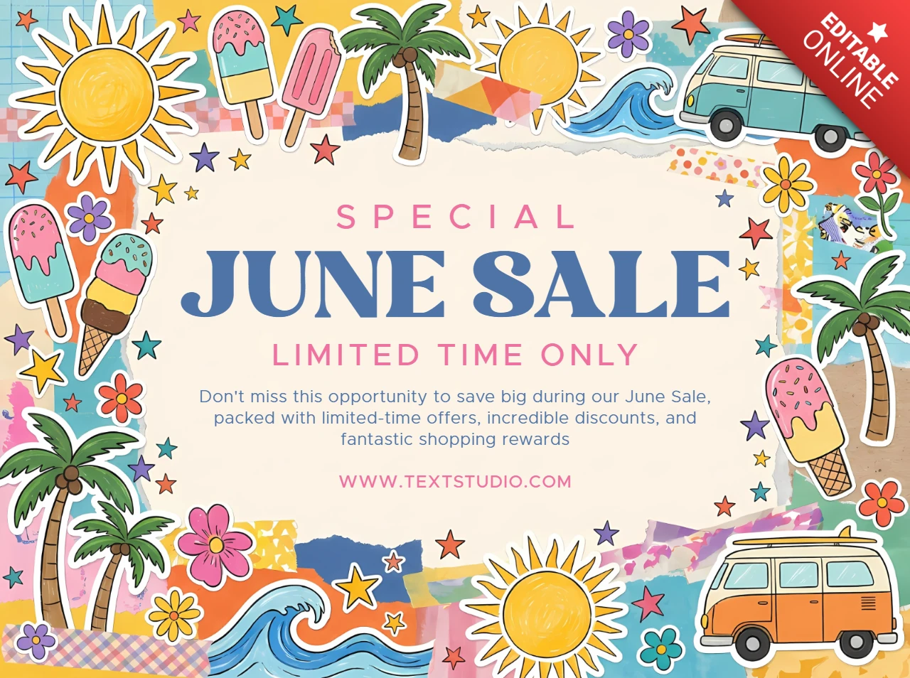 Banner de marketing para promoção de junho com elementos temáticos de férias de verão e viagem