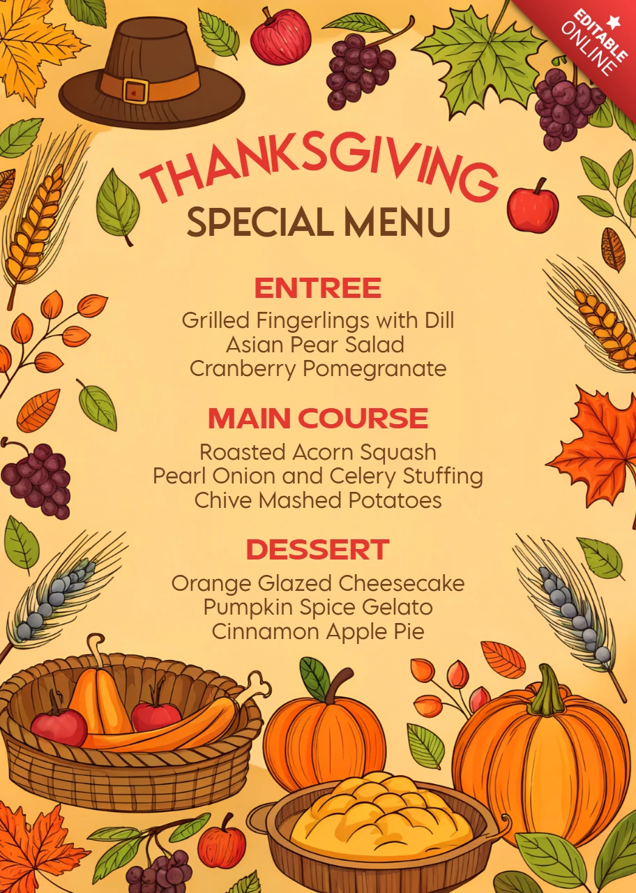 Thanksgiving Menu Design Template with Autumn Harvest Elements for Restaurant Promotion