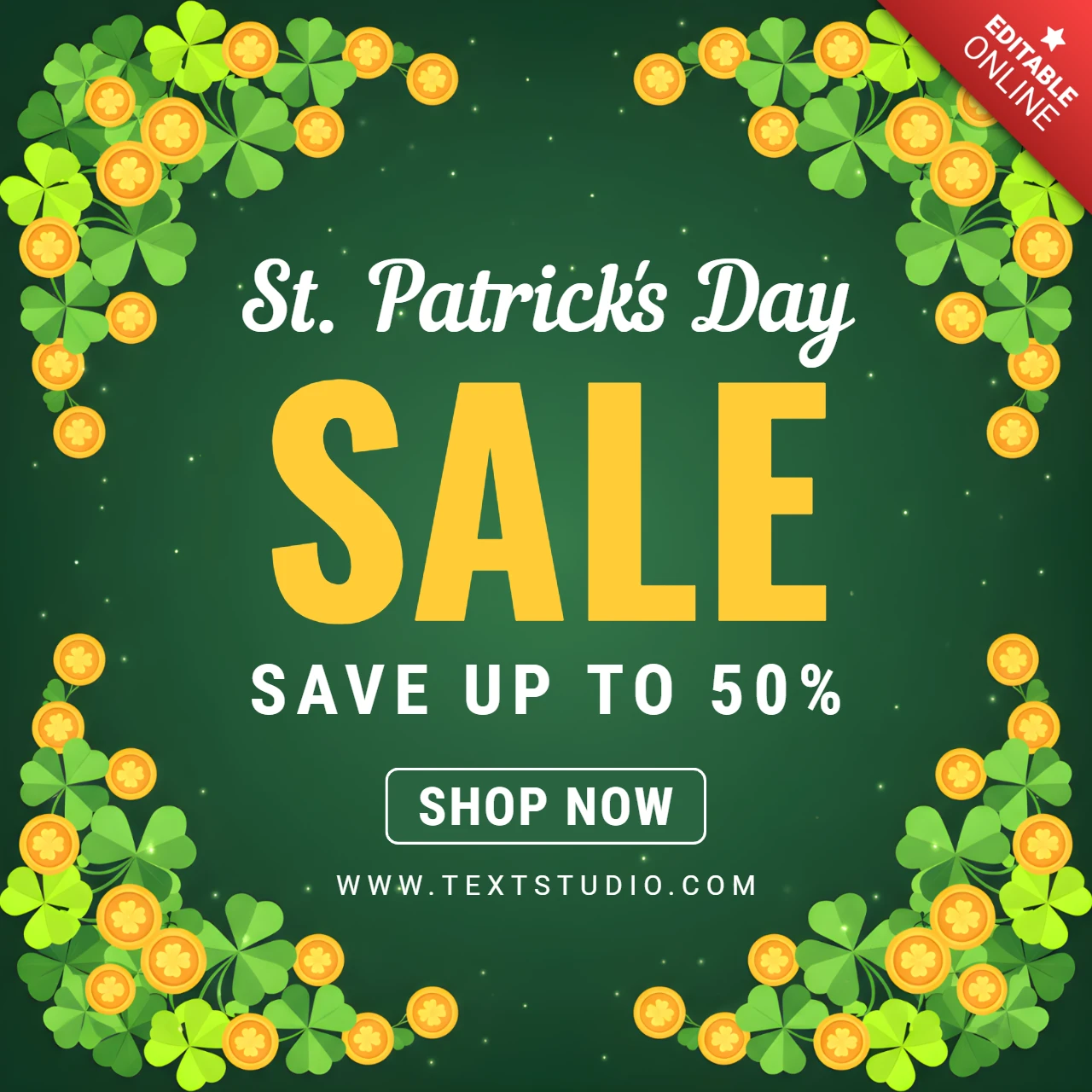 Festliches St. Patrick's Day Verkaufsbanner-Design mit Kleeblättern, grünem Hintergrund und Werbebotschaft