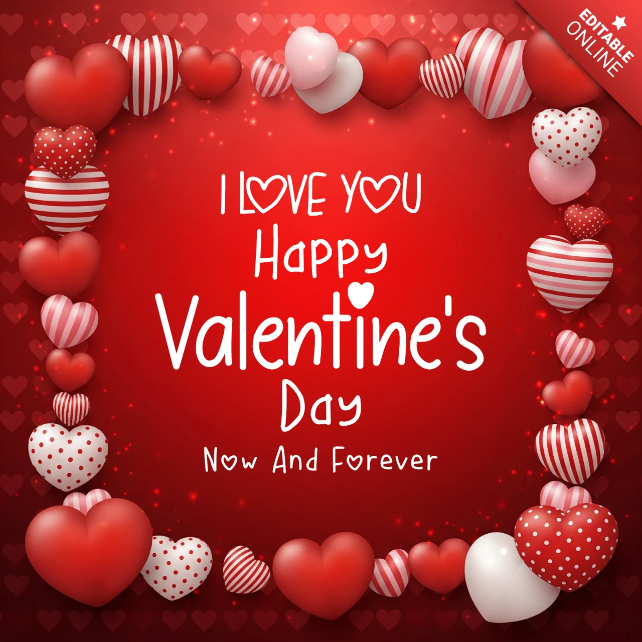 Template di San Valentino rosso con motivi decorativi a forma di cuore e tipografia emotiva per un saluto personalizzato.