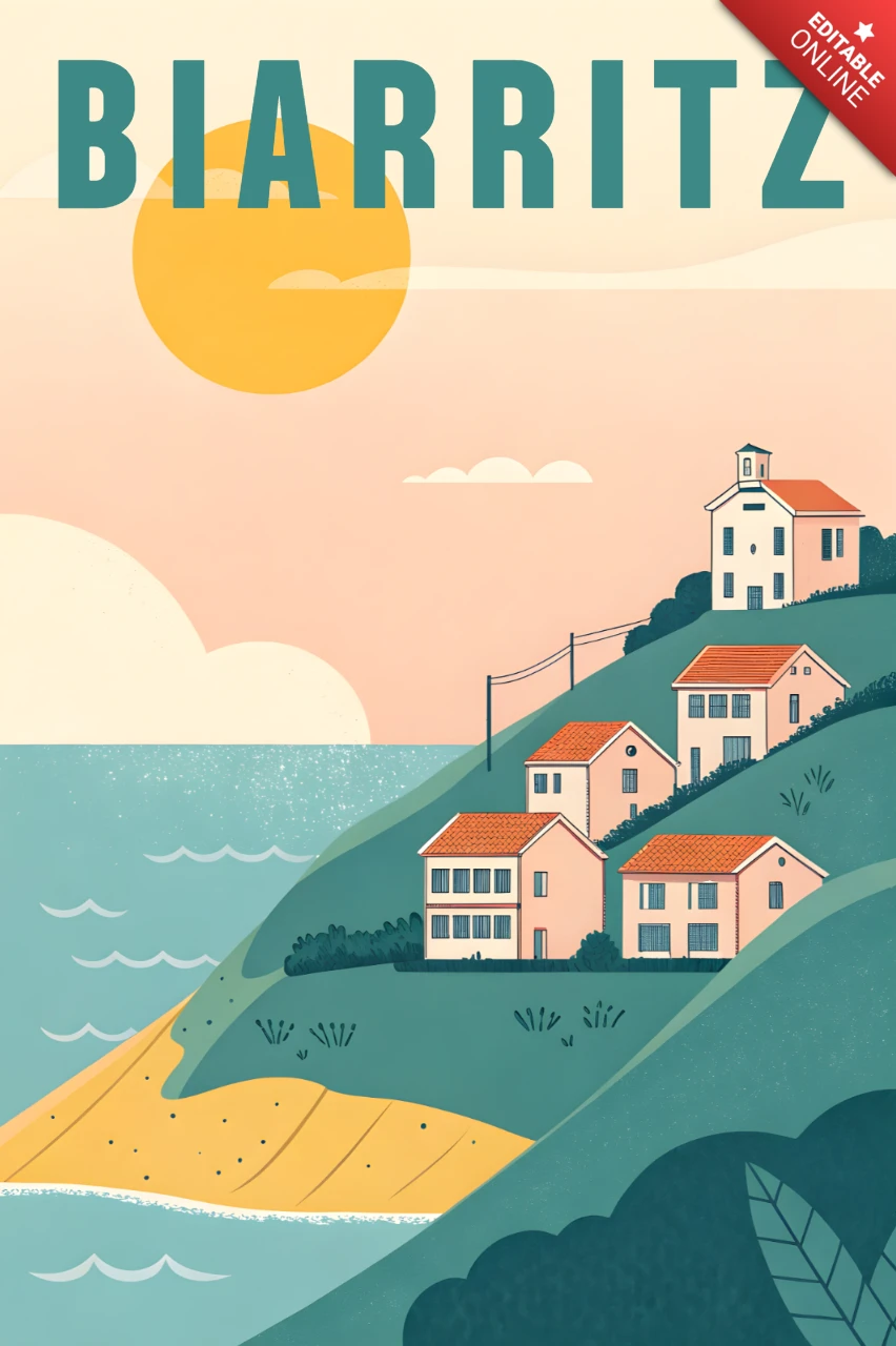 Retro Biarritz Landschaftsdesign-Vorlage für Reiseposter