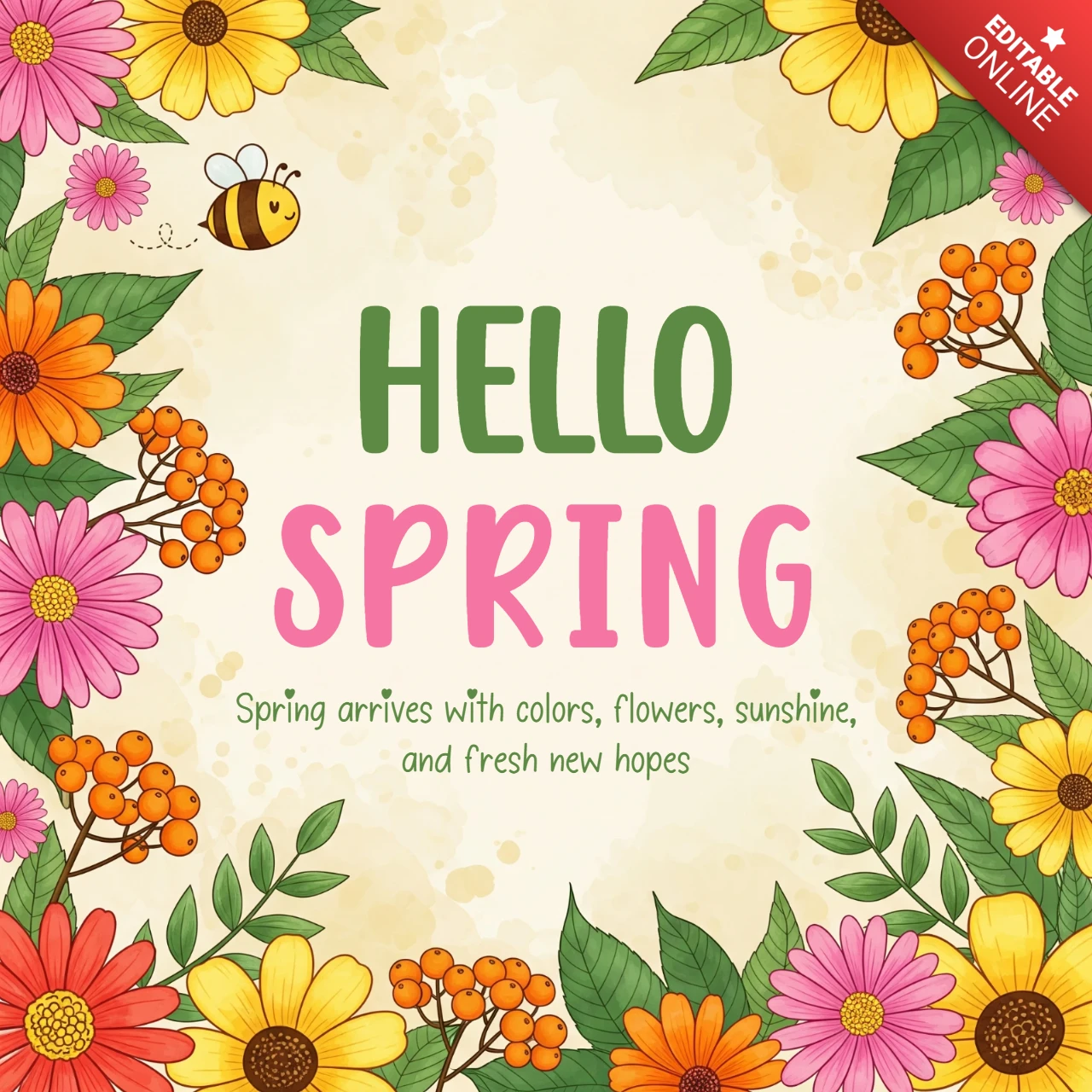 Template de design de pôster de celebração da primavera com flores coloridas, folhas verdes e estilo festivo.
