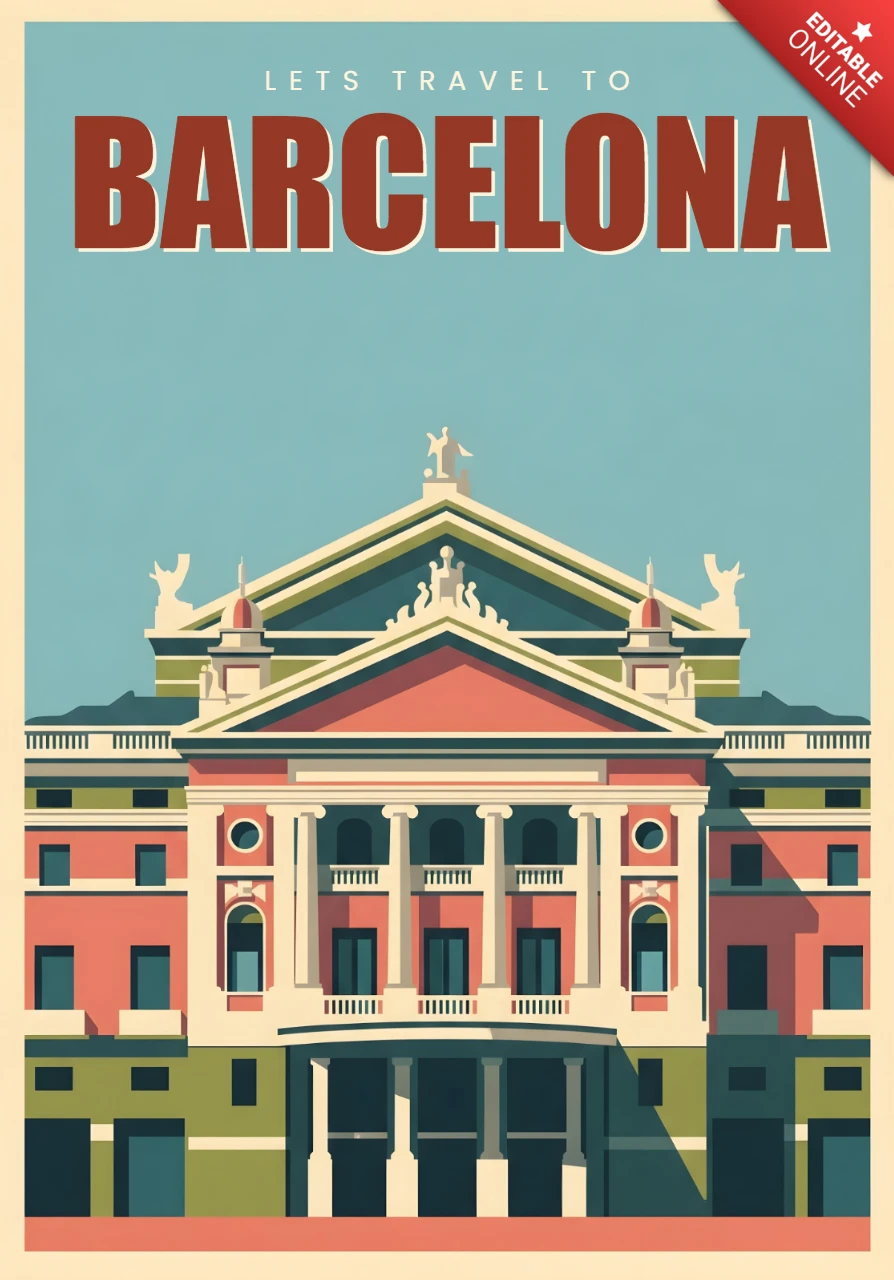 Classical Architecture with Columns & Statues Barcelona Travel Posters Design Template