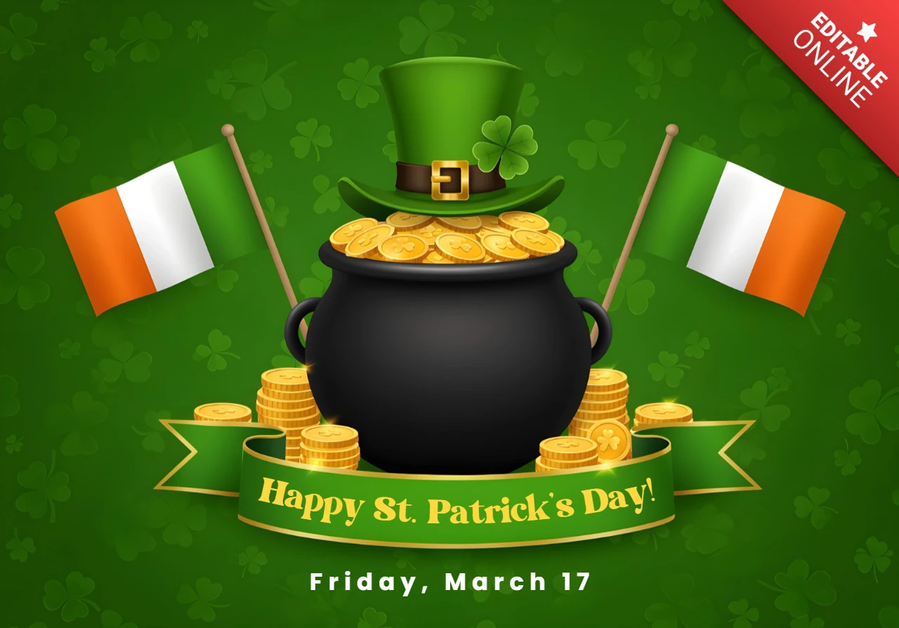 St. Patrick's Day Celebration Template Design with Pot of Gold and Irish Flags