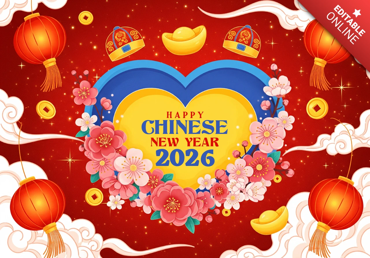 Affiche de célébration du nouvel an chinois 2026, thème rouge coloré avec un centre de cœur, des lanternes et des motifs traditionnels.