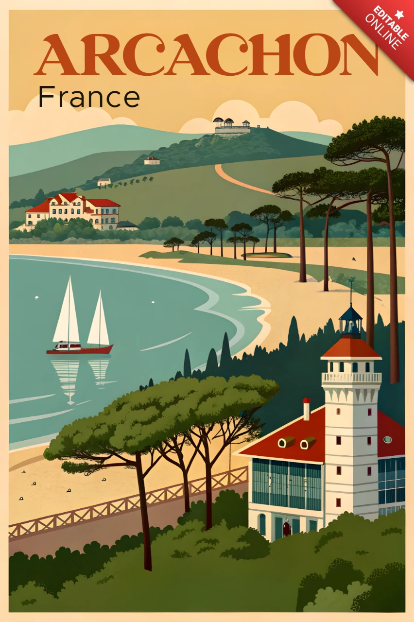 Ilustração vintage de Arcachon para souvenirs retro e template de merchandising