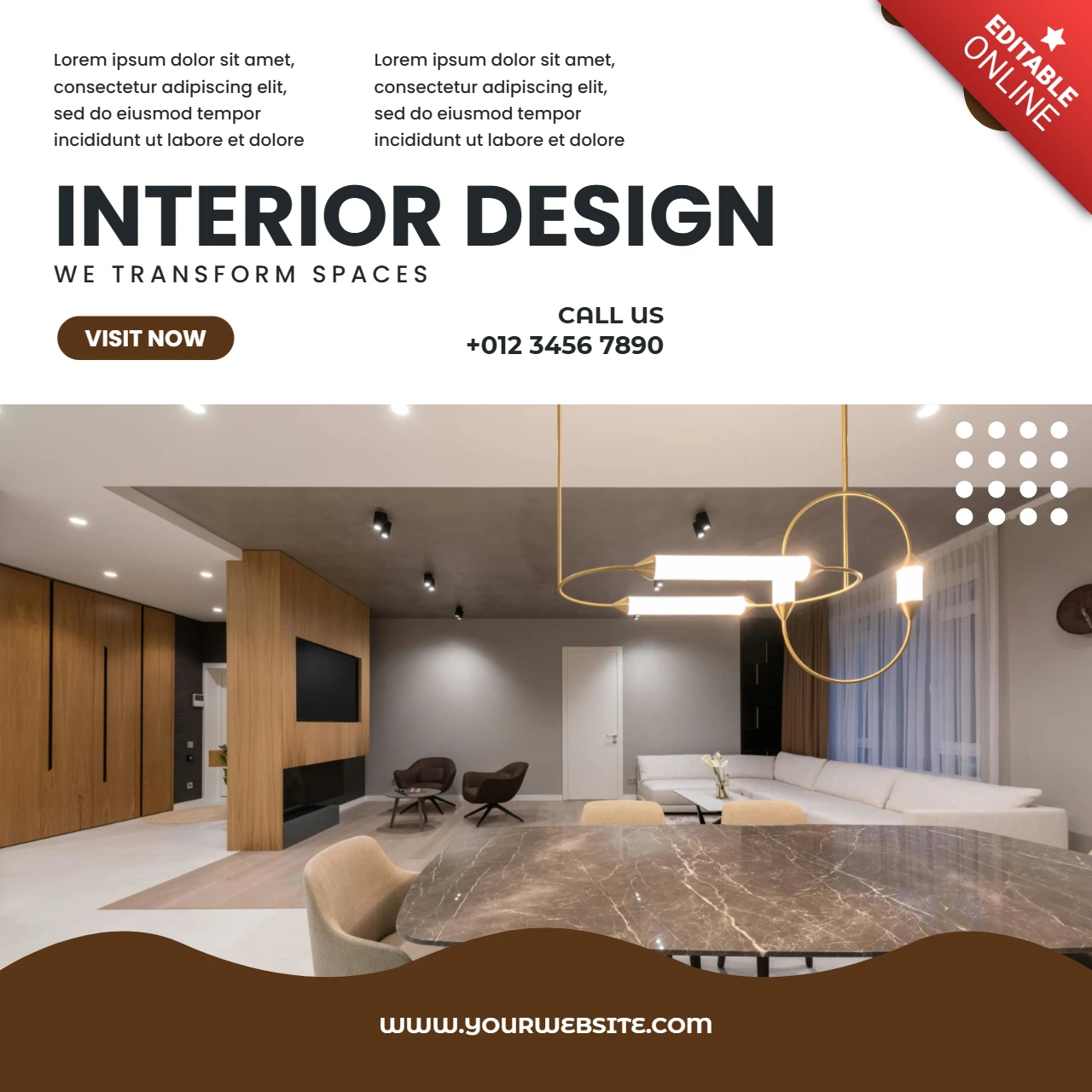 Modern Interior Design Template for Stylish Brochure Featuring Elegant Living Spaces
