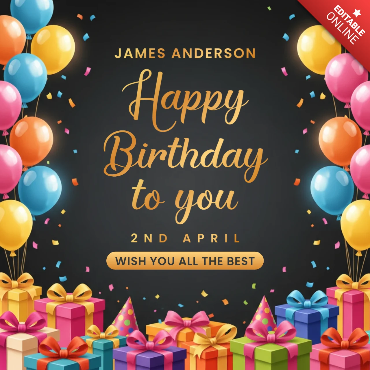 Affiche de vœux d'anniversaire fond sombre avec des ballons, des confettis, des chapeaux de fête et un message joyeux d'anniversaire.