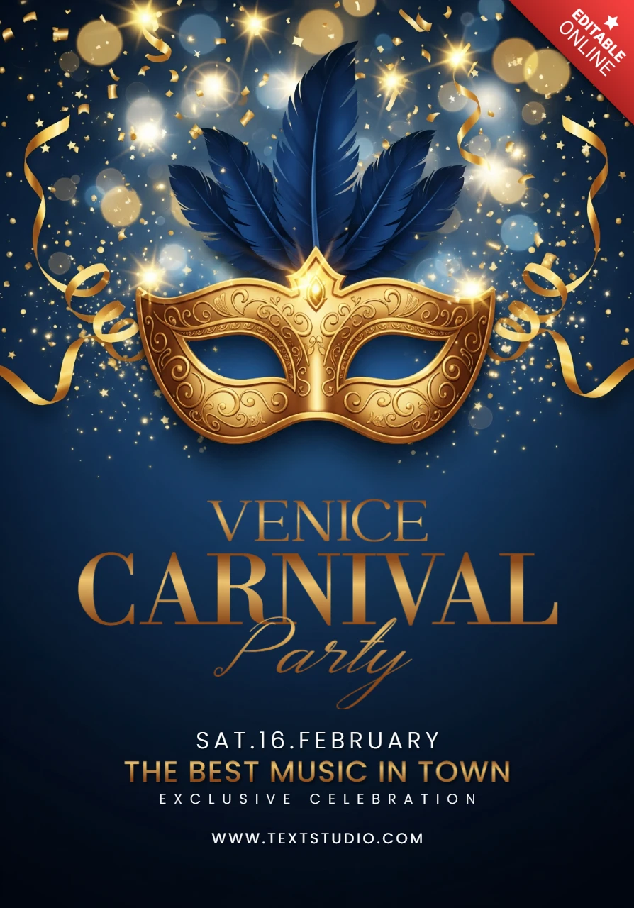 Elegant Venice Carnival Party Poster Gold Masquerade Mask with Blue Feathers and Sparkles on Dark Background