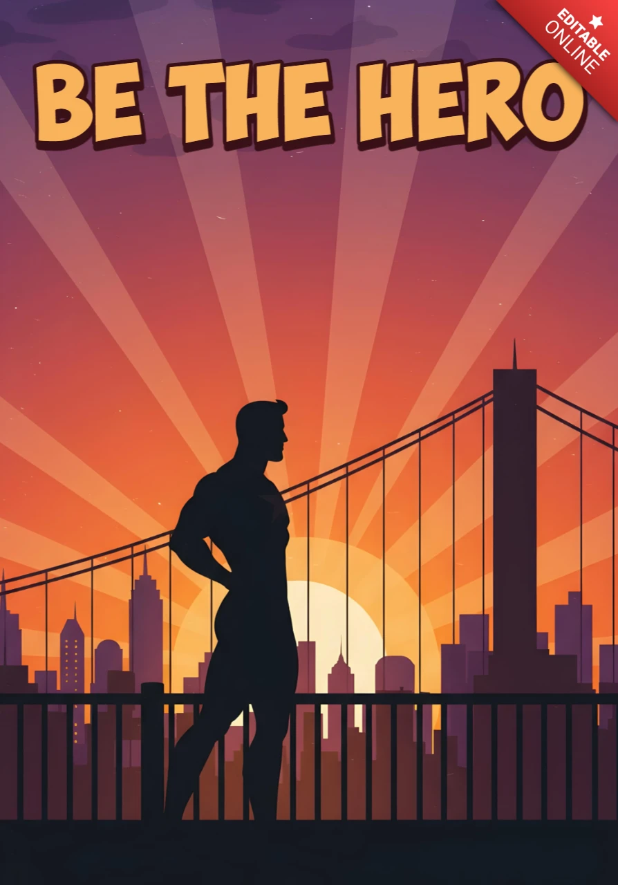 Be the Hero Silhouette on Bridge with City Sunset & Radiant Sky Poster Design Template