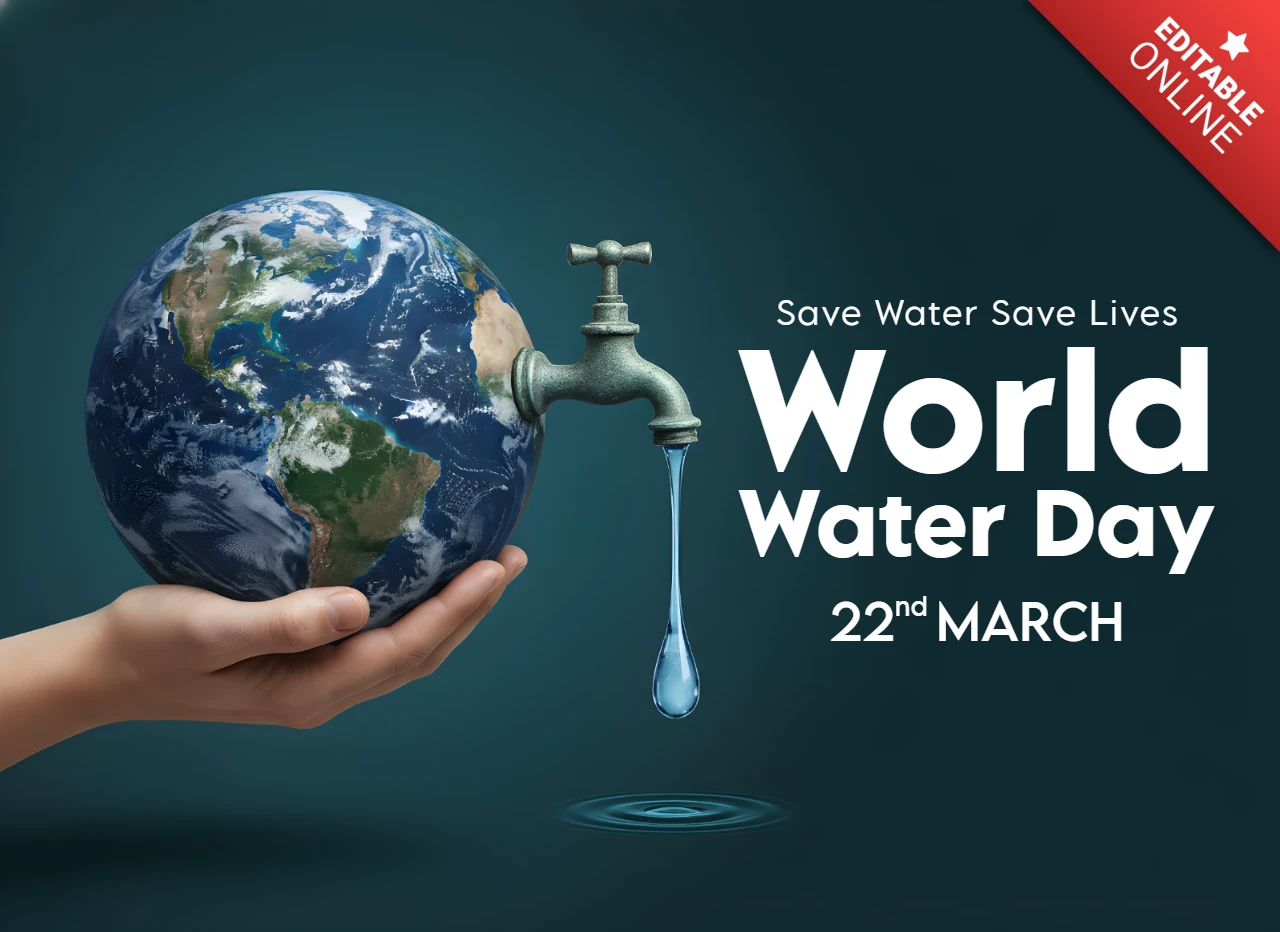 Affiche de sensibilisation à l'environnement pour la journée mondiale de l'eau 2026 mettant en avant une main, un globe, un robinet et une goutte symbolisant la protection de l'eau.