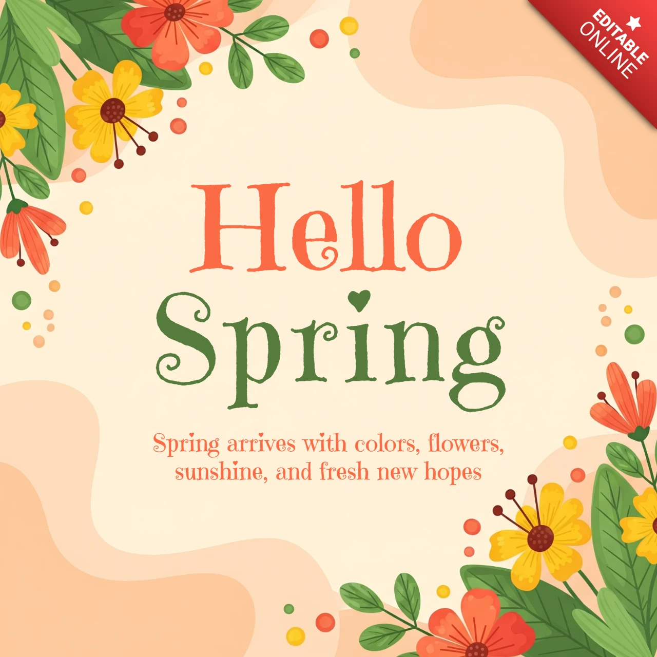 Spring Greeting Card Design Template with Floral Corners, Pastel Background, and Cheerful Theme