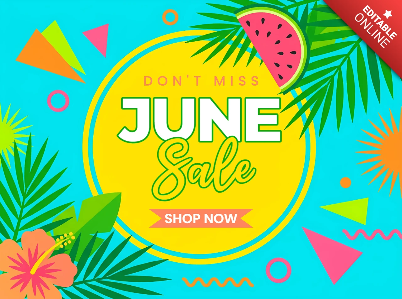 Banner de marketing da promoção de junho com frutas tropicais de verão e decorações de folhas de palmeira