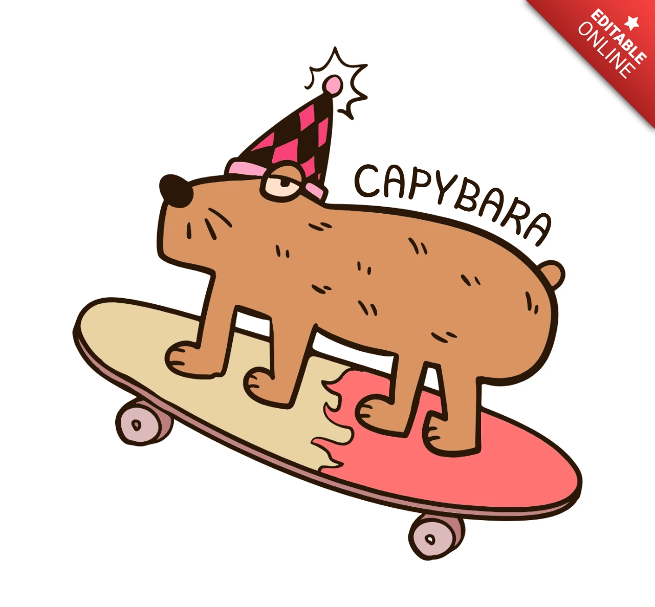 Capibara patinadora relajada, cartoon roedor con sombrero de fiesta en patineta para diseño de camiseta urbana caprichosa.