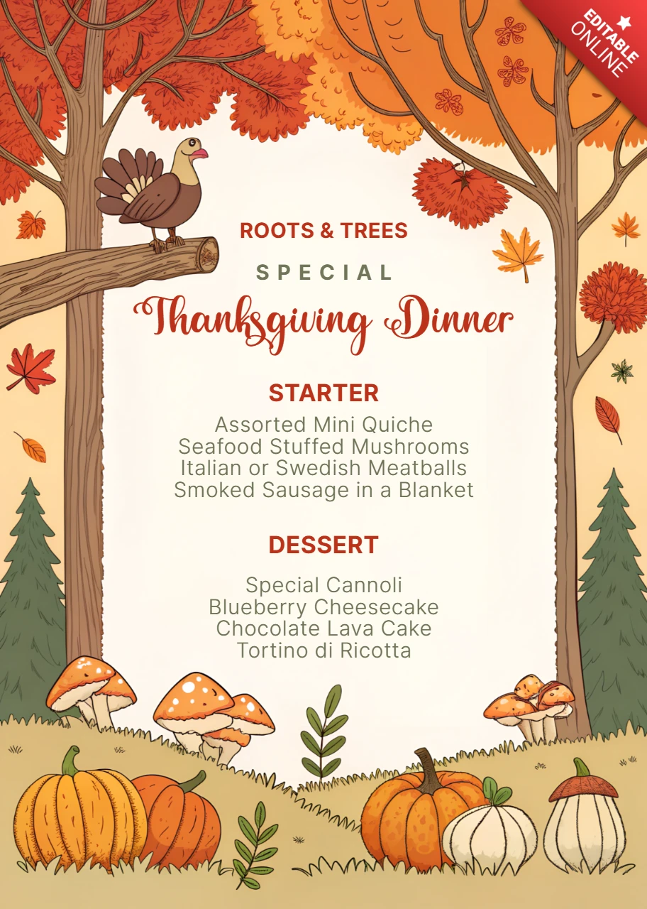 Fall-Themed Thanksgiving Dinner Menu Template with Whimsical Illustrations
