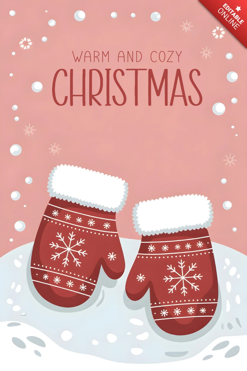 Tarjeta de felicitación navideña con mitones rojos y copos de nieve sobre un fondo rosa nevado enmarcando un mensaje navideño cálido y acogedor.