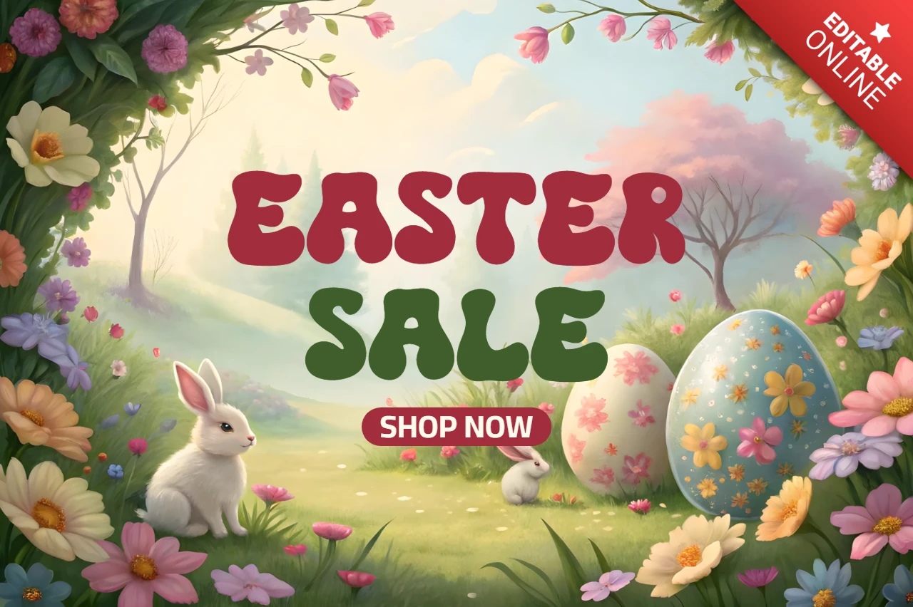 Plantilla de diseño de venta de Pascua con caprichosas ilustraciones florales y de conejitos