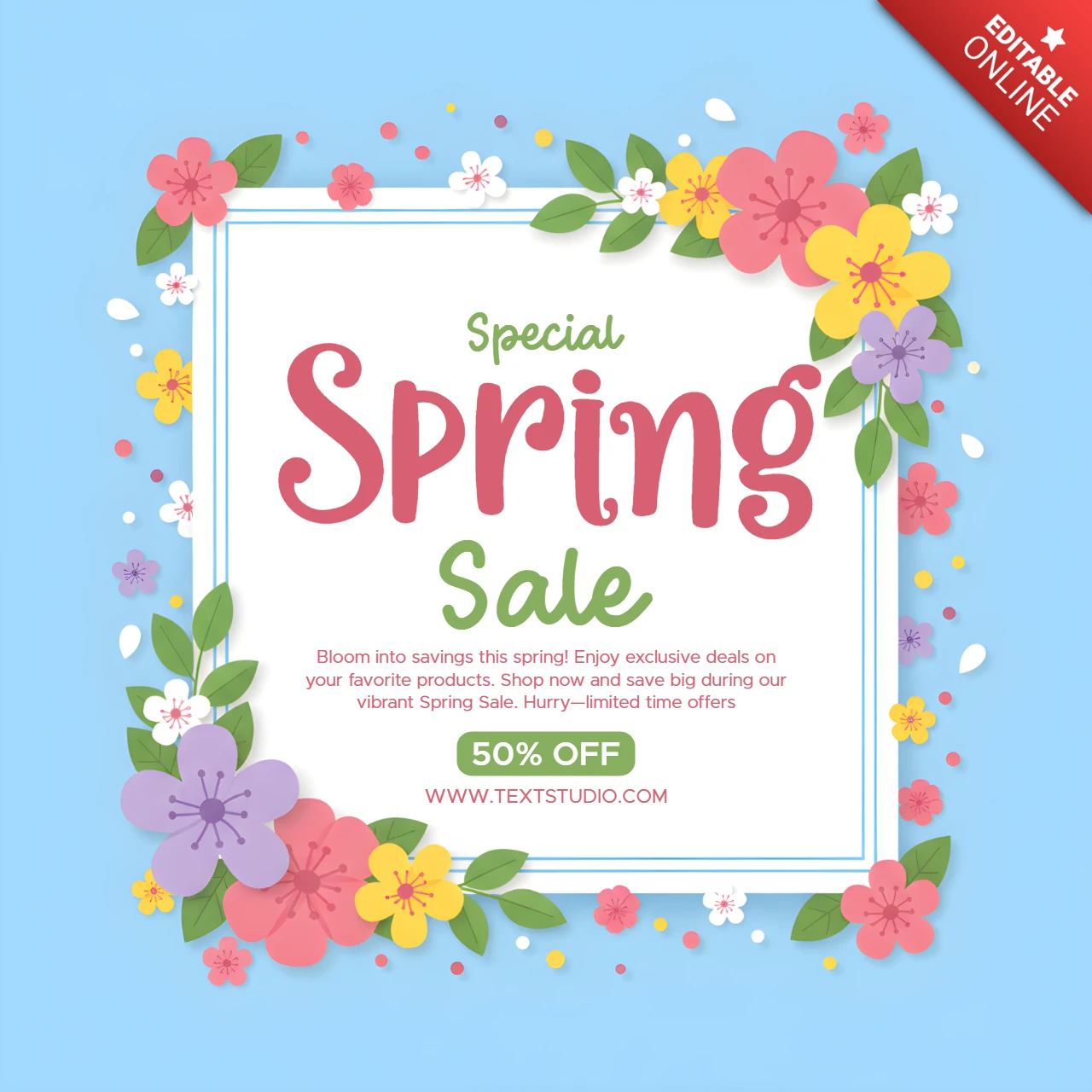 Póster de marketing de venta de primavera con esquinas florales decorativas y promoción por tiempo limitado.