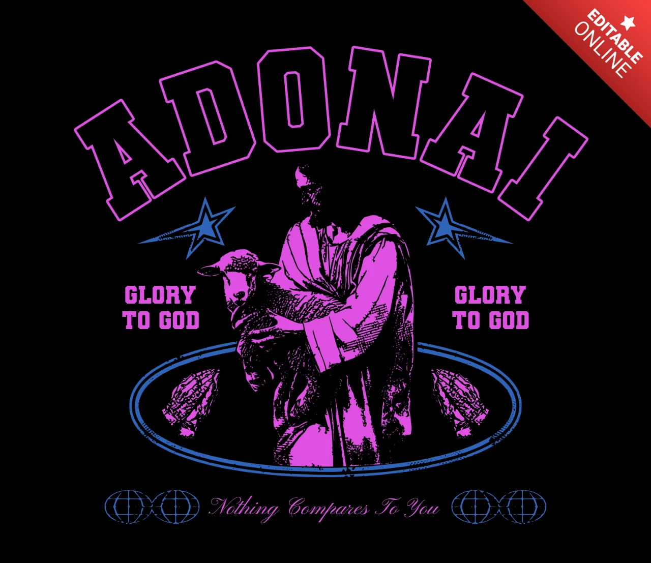 Plantilla de diseño de camiseta cristiana Adonai con imágenes del cordero de Dios, alabanza 'gloria a Dios' y compasión divina.