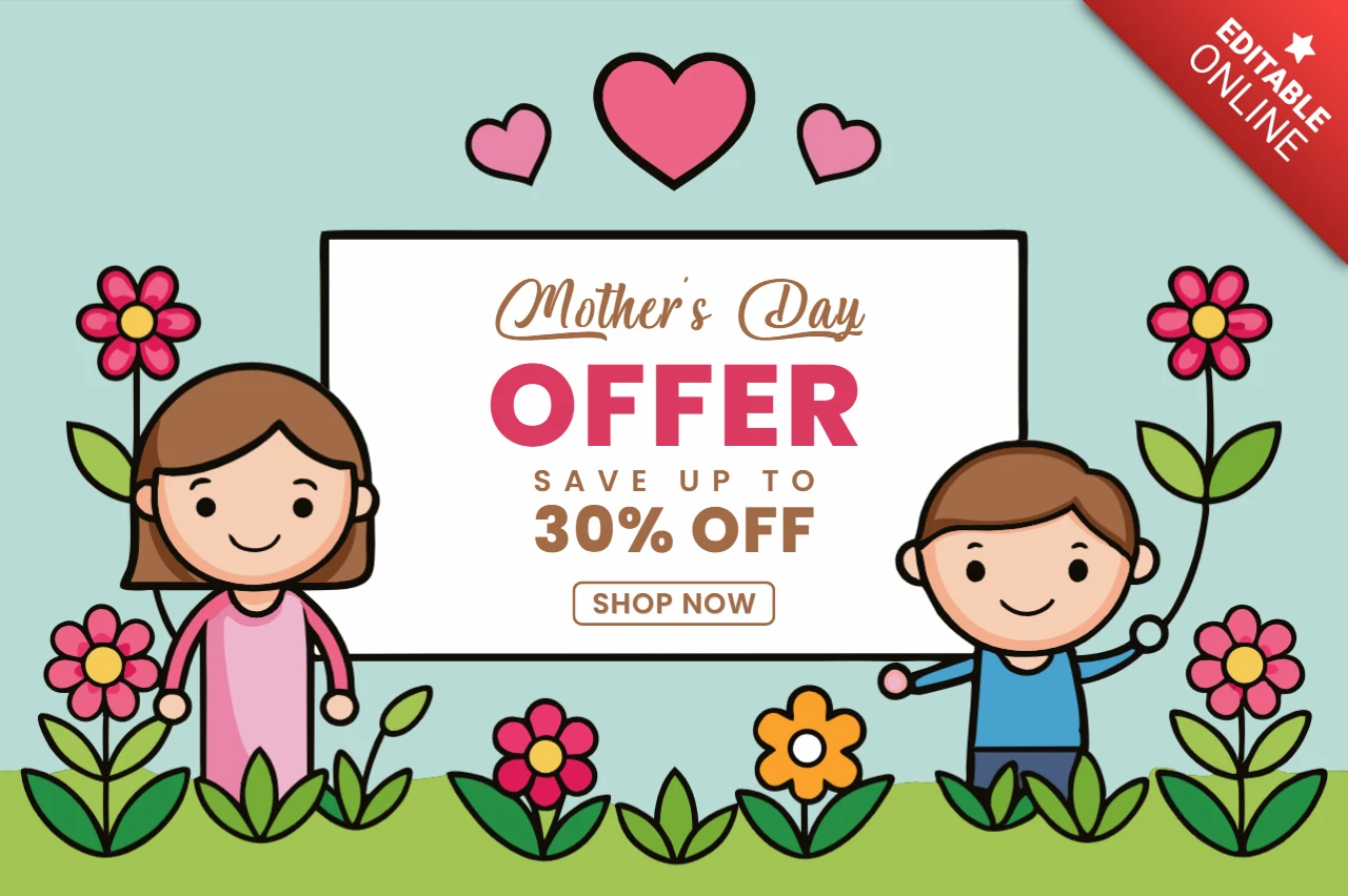 Design lúdico de modelo de oferta para o Dia das Mães com personagens fofos e elementos florais
