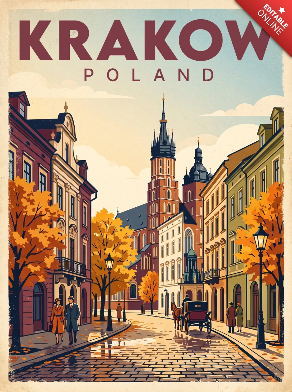 Cracovia Polonia poster vintage retrò di viaggio autunno strada acciottolata guglie della basilica carrozza a cavalli edifici storici opera d'arte