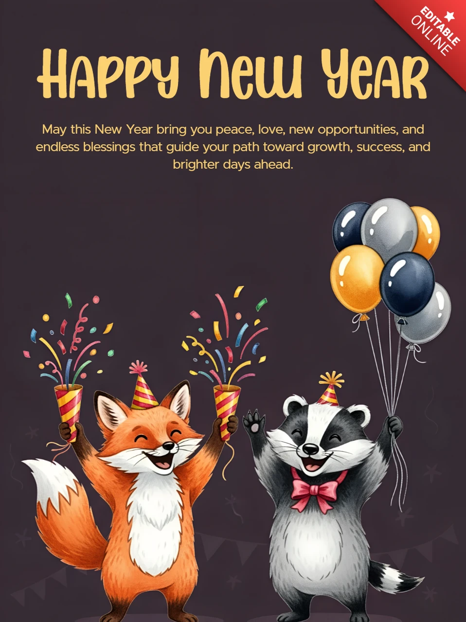 Happy New Year Design Template with Festive Fox and Raccoon for Greeting Cards