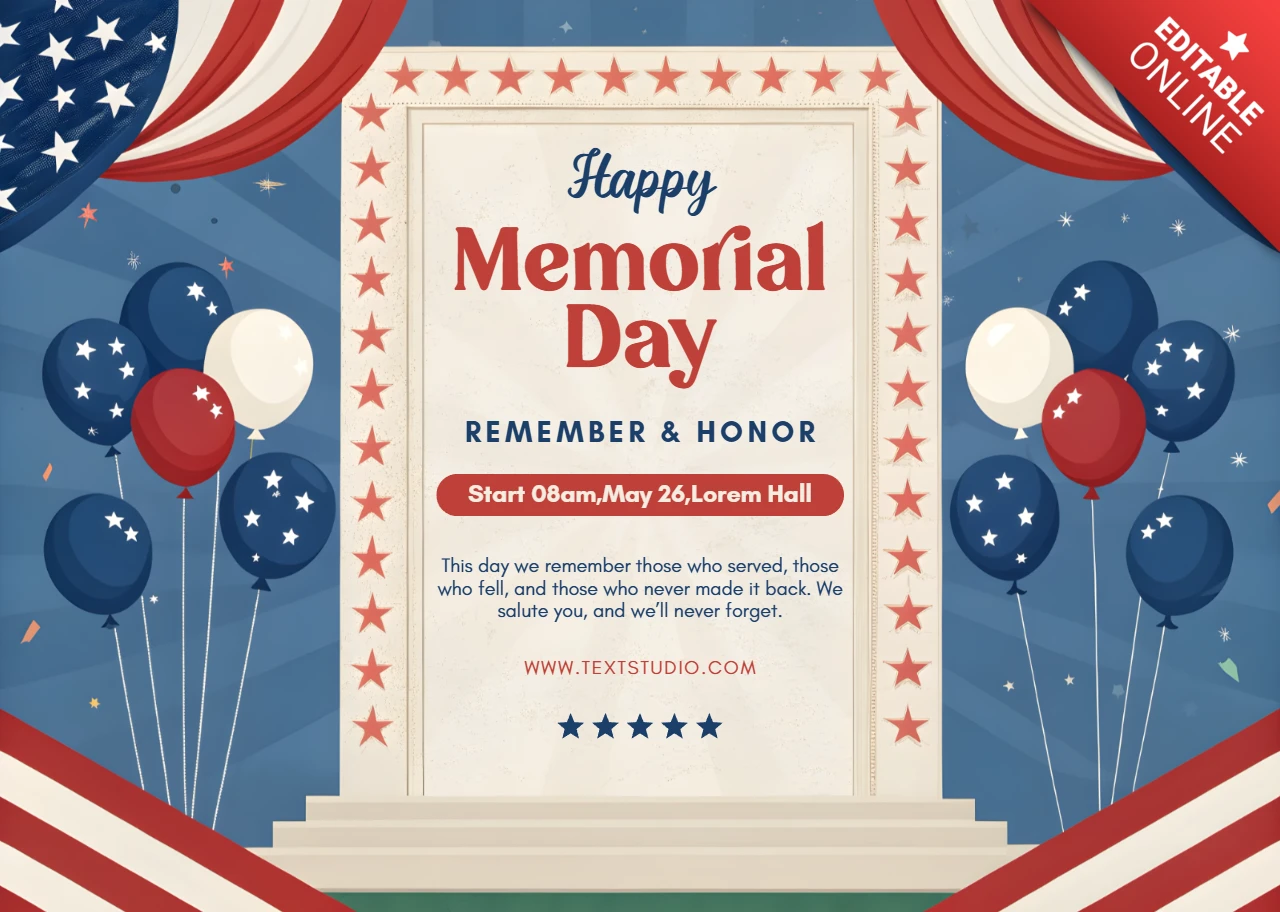 Patriotic Memorial Day Celebration Template | Editable Design with Balloons and Stars