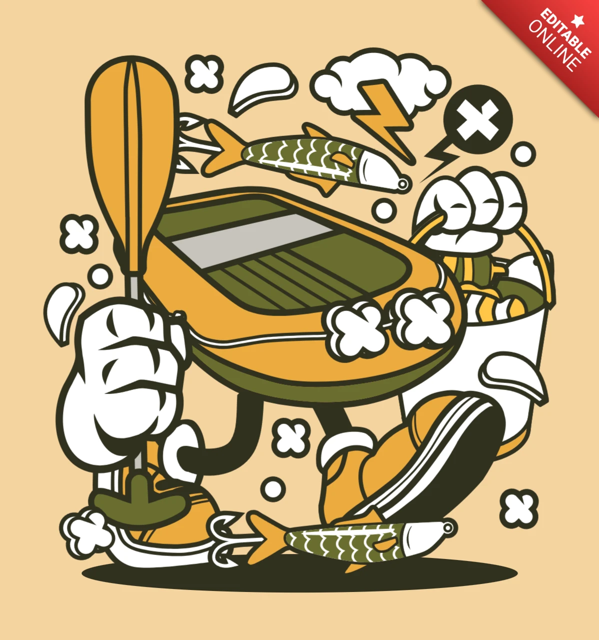 Fischerei aufblasbares boot cartoon charakter Plakat Vorlage
