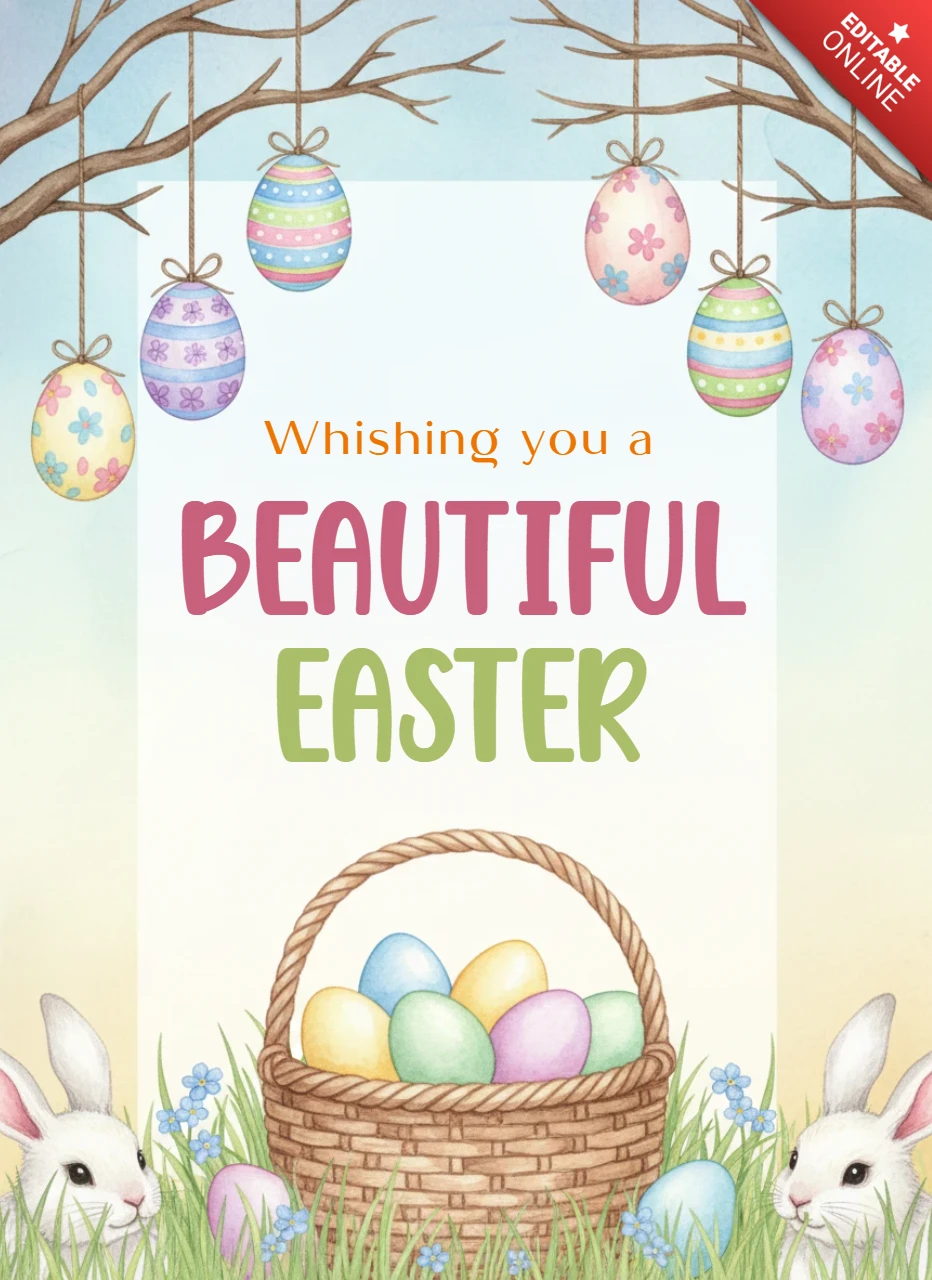 Hermosa tarjeta de saludo de Pascua con conejo, cesta de huevos, huevos decorados colgantes, flores de primavera y festivo.
