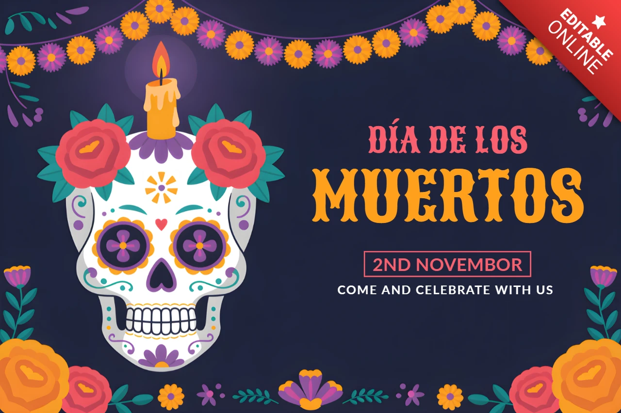 Modello di design per il Dia de los Muertos per poster festivi con teschi colorati e elementi floreali