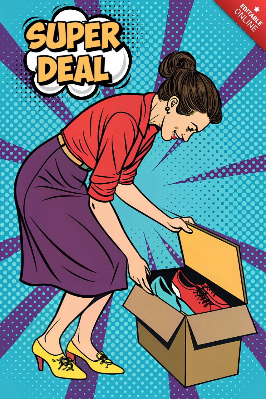 Template de design pop art para promoção de sapatos com mulher desembrulhando caixa