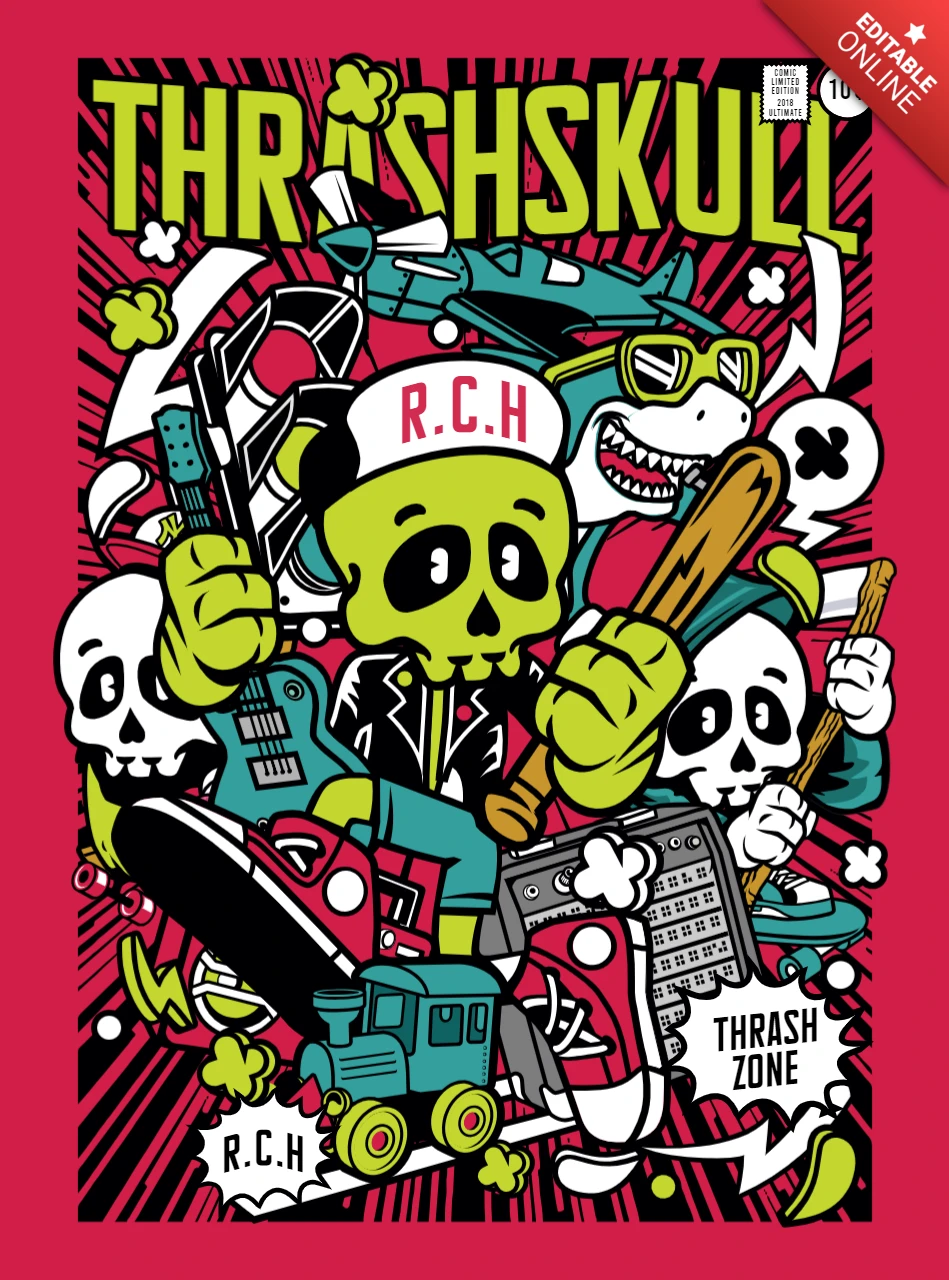 Divertida plantilla de portada de revista con calaveras de dibujos animados