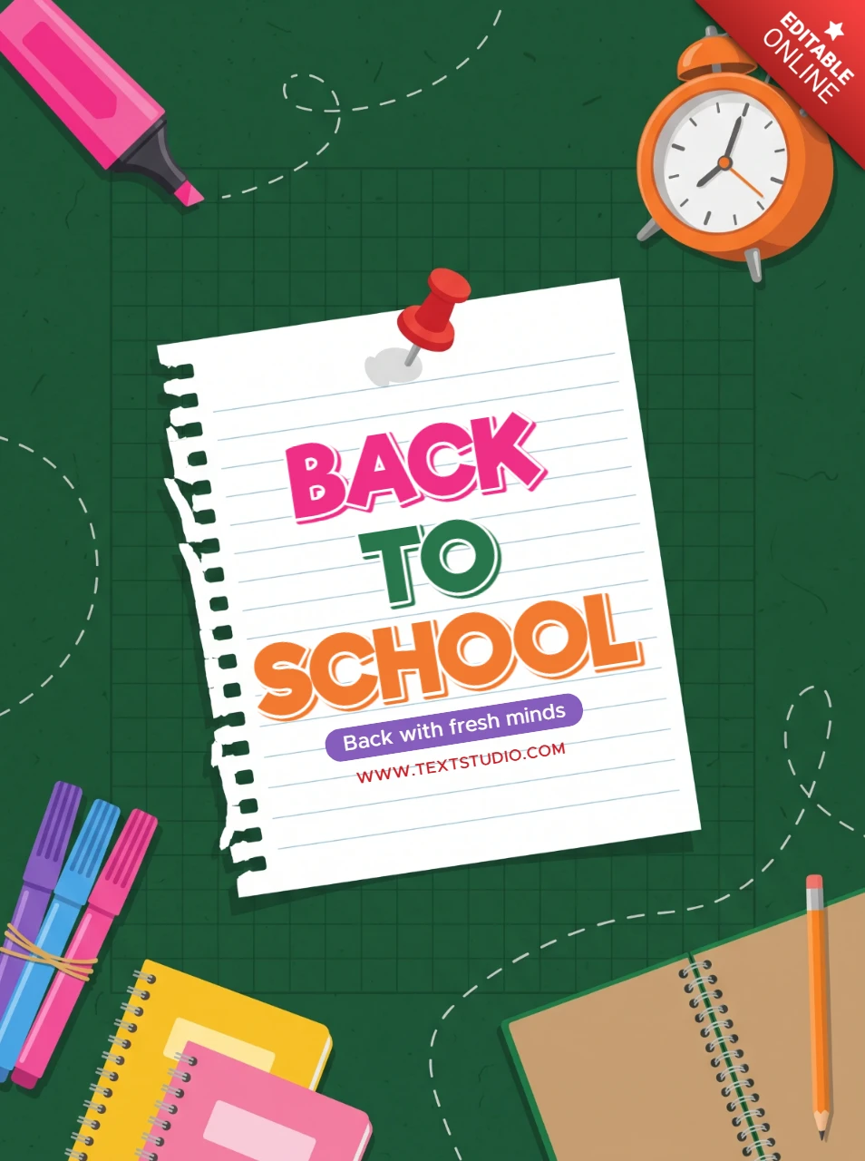 Back to school poster with colorful stationery and note paper on a green chalkboard background