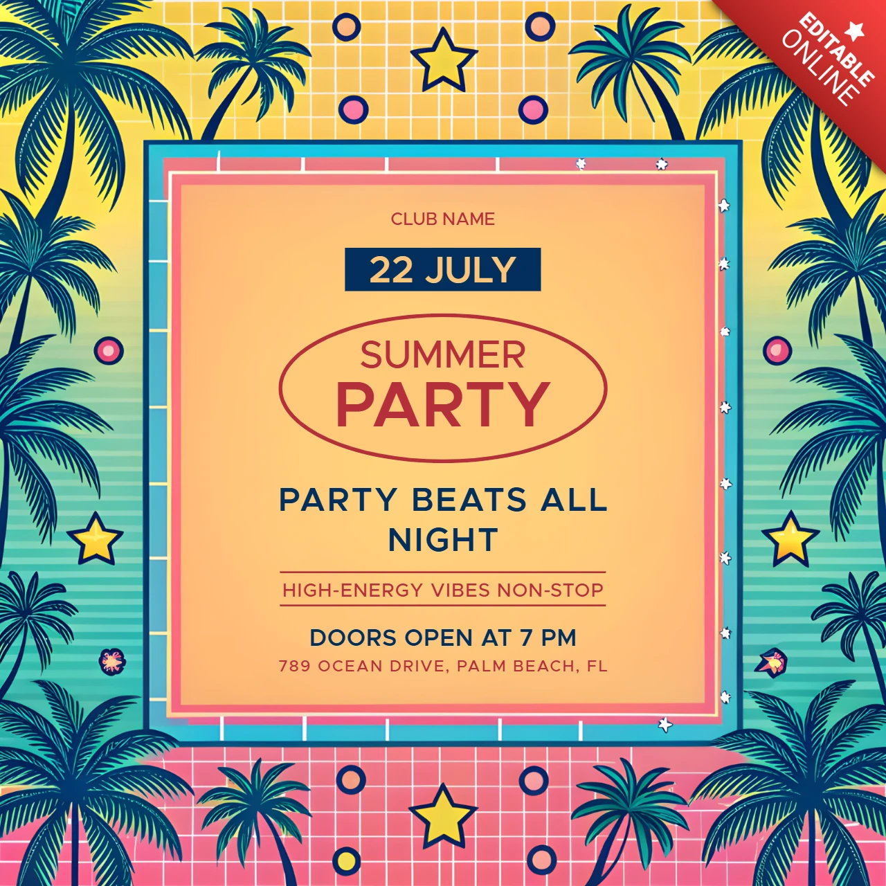 Plantilla de diseño de fiesta de verano vibrante con estética tropical