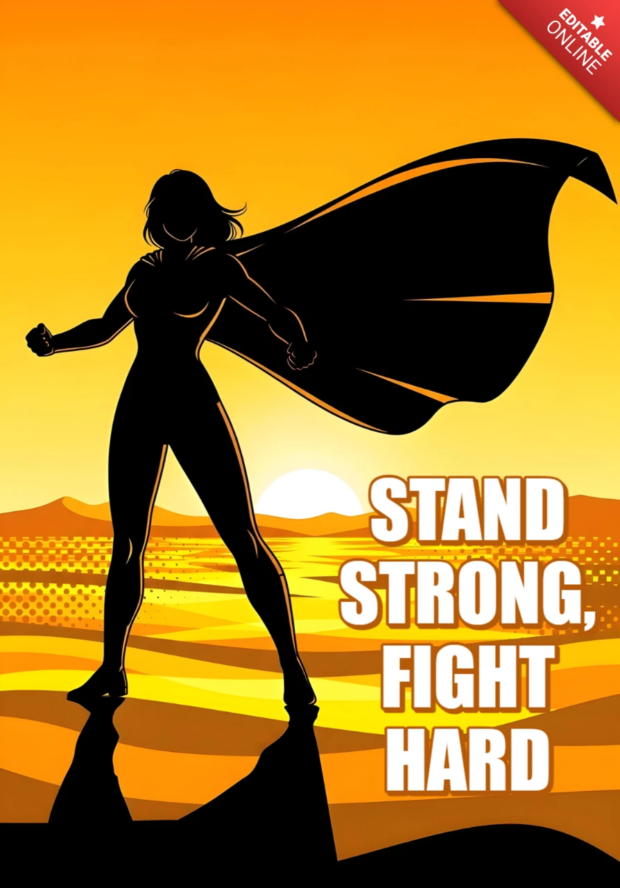 Silhouette de super-héros debout avec coucher de soleil et modèle de design d'affiche de citation motivante