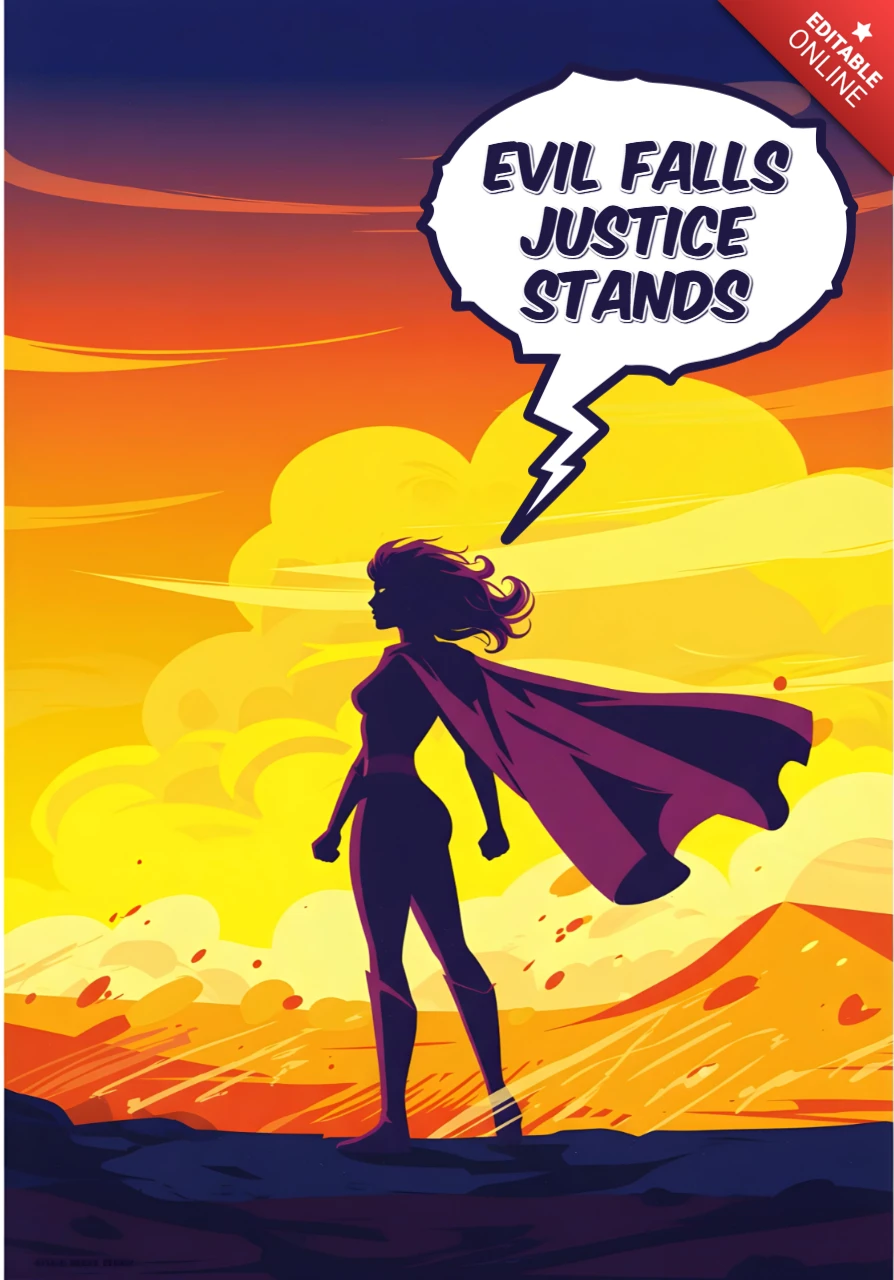 Justice se tient silhouette de super-héros sur un sol rocheux avec un design de poster de coucher de soleil.