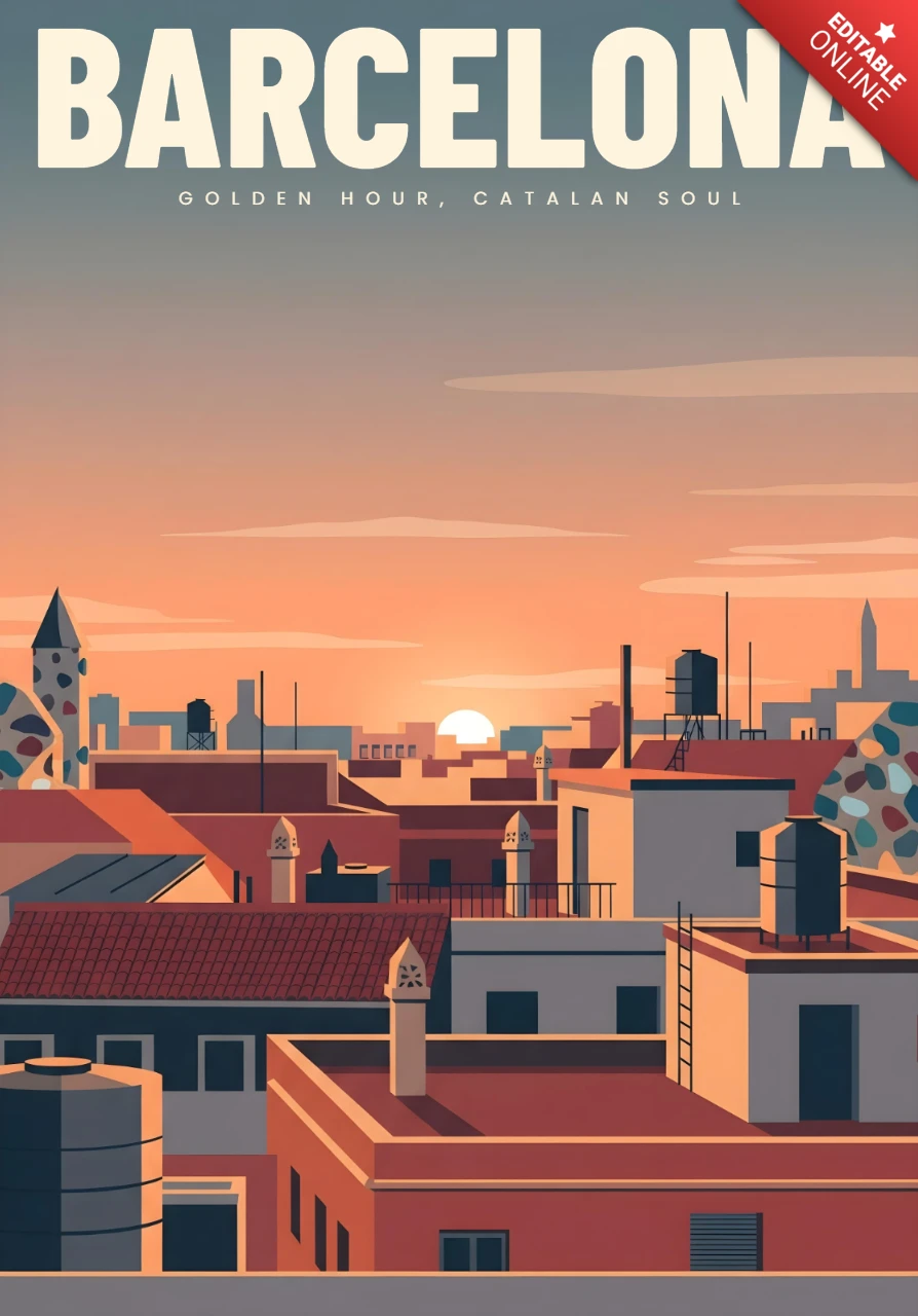 Barcelona Reise Kunst illustrierte Dächer bei Sonnenuntergang mit Gaudí-Elementen Reiseposter Designvorlage