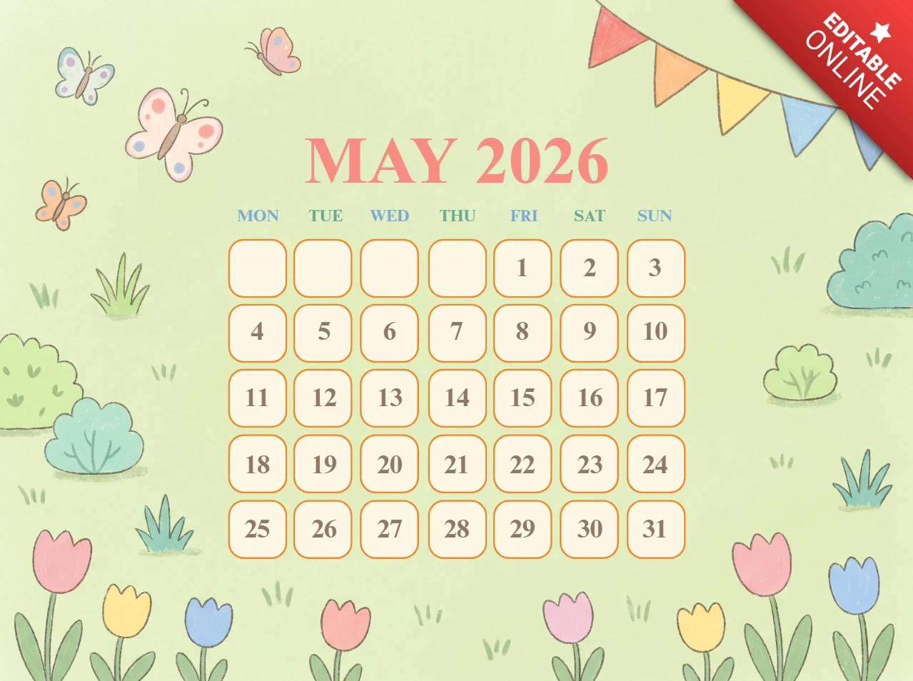 May 2026 Decorative Calendar Poster - Spring-Themed Design with Butterflies and Pastel Colors