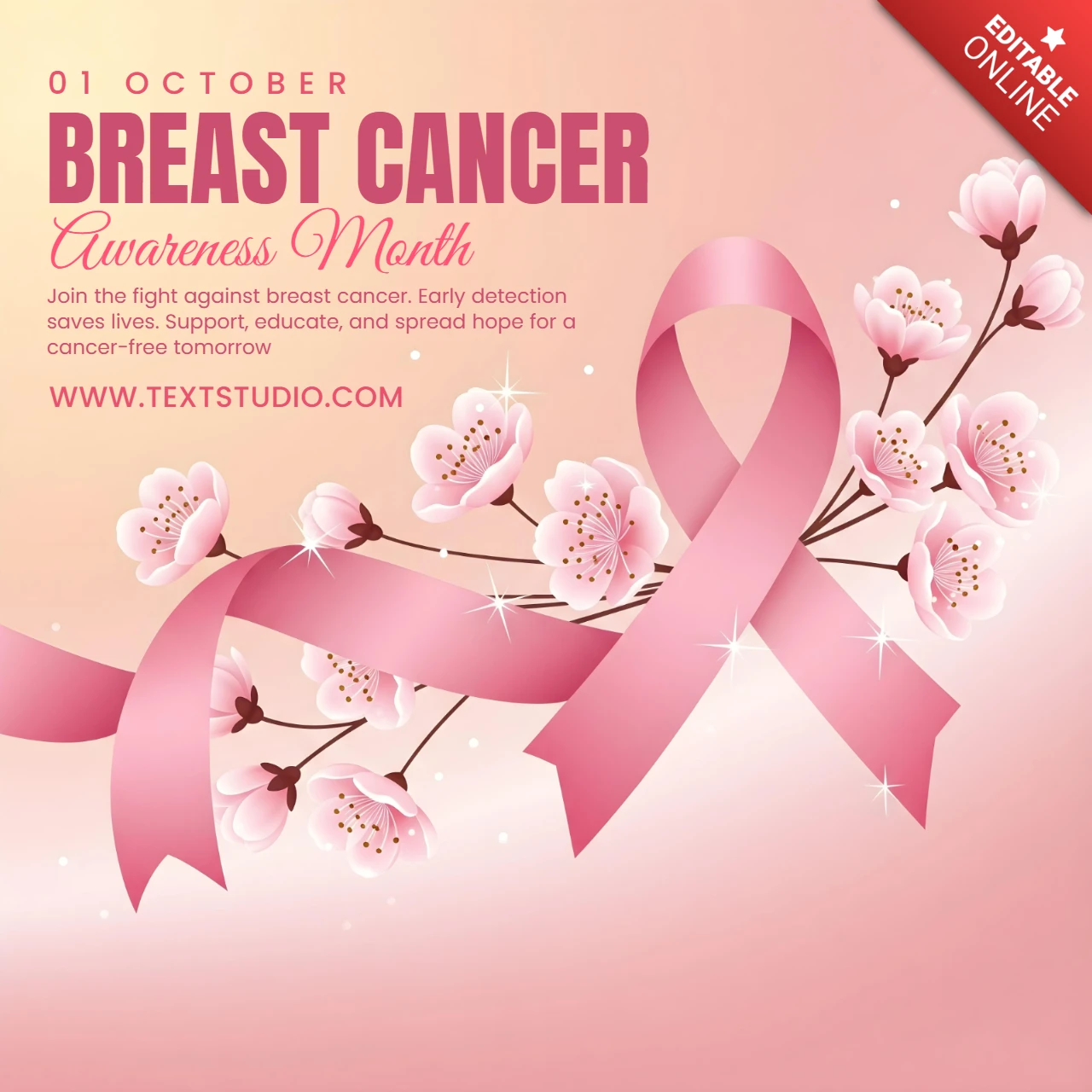 Plantilla de diseño de banner de mes de concienciación sobre el cáncer de mama en octubre con cinta rosa y flores de cerezo.