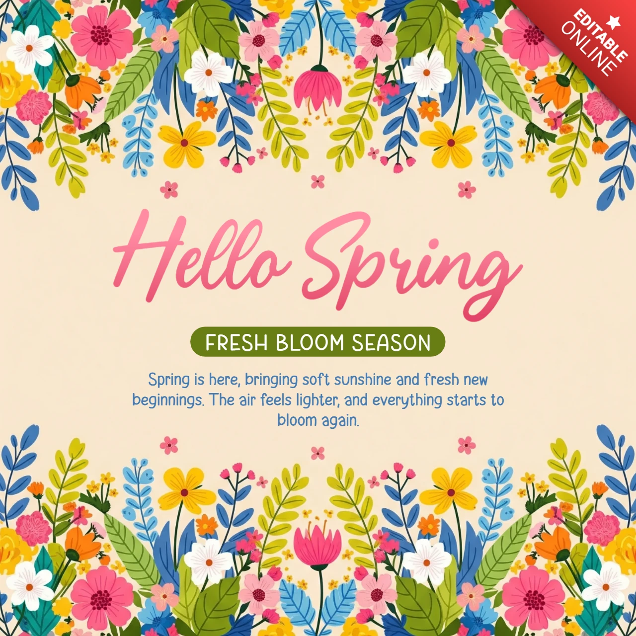 Plantilla de diseño de tarjeta de saludo de primavera estacional con borde floral, puntos en tonos pastel y tema de flores frescas.