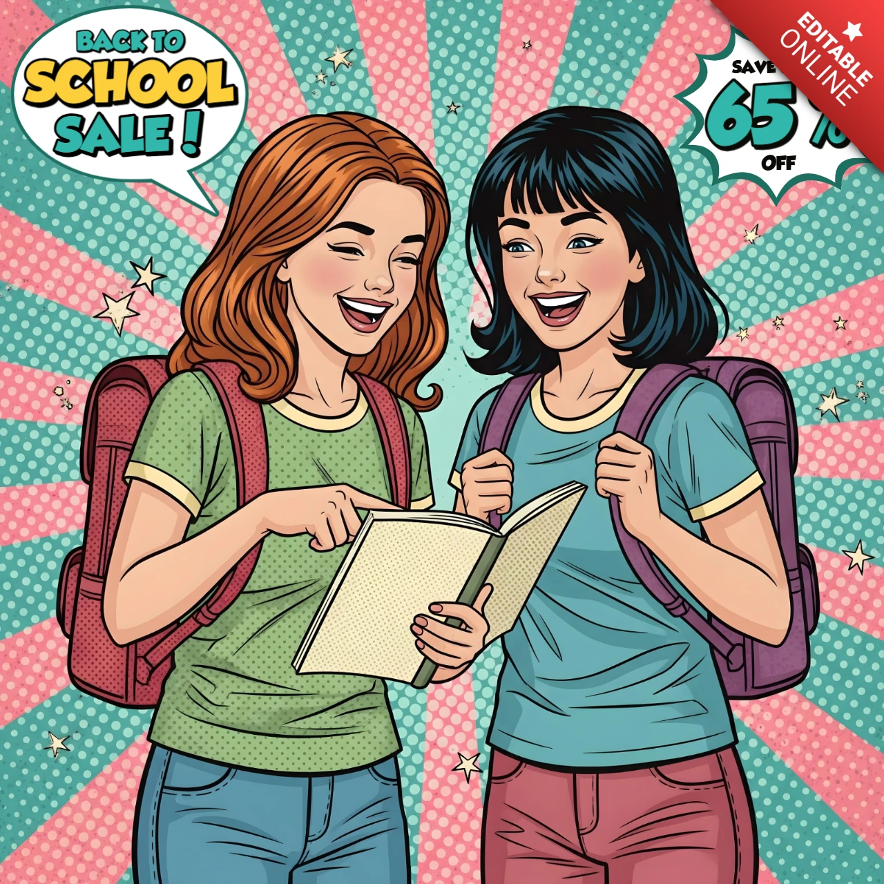 Vente de rentrée scolaire style bande dessinée étudiants lisant ensemble avec un design de bannière éclat de bulle de réduction pour des flyers promotionnels