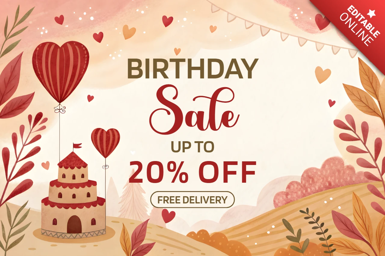 Whimsical Birthday Sale Template Design with Hearts and Balloons