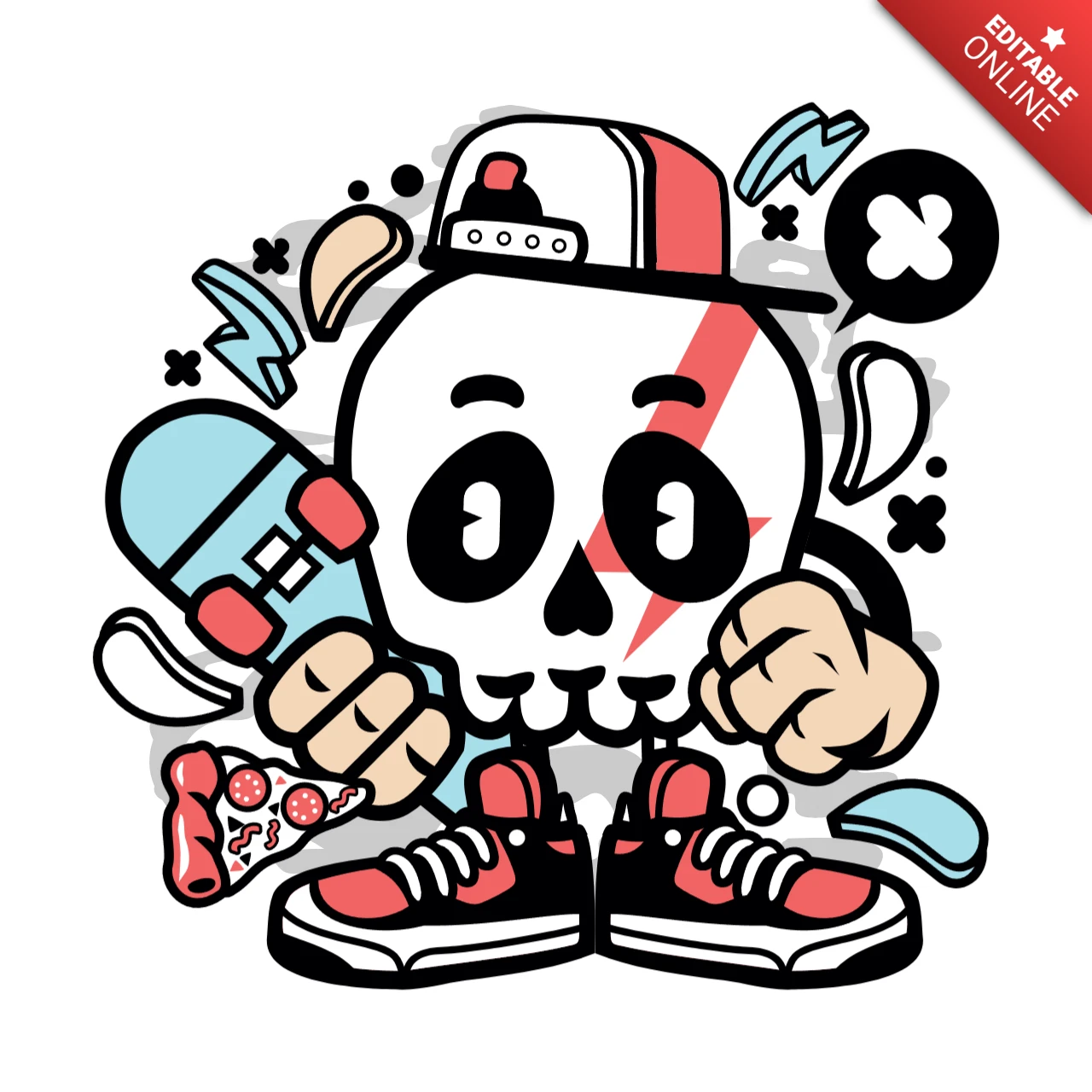 Skull Skater Cartoon Character T-shirt Design Template