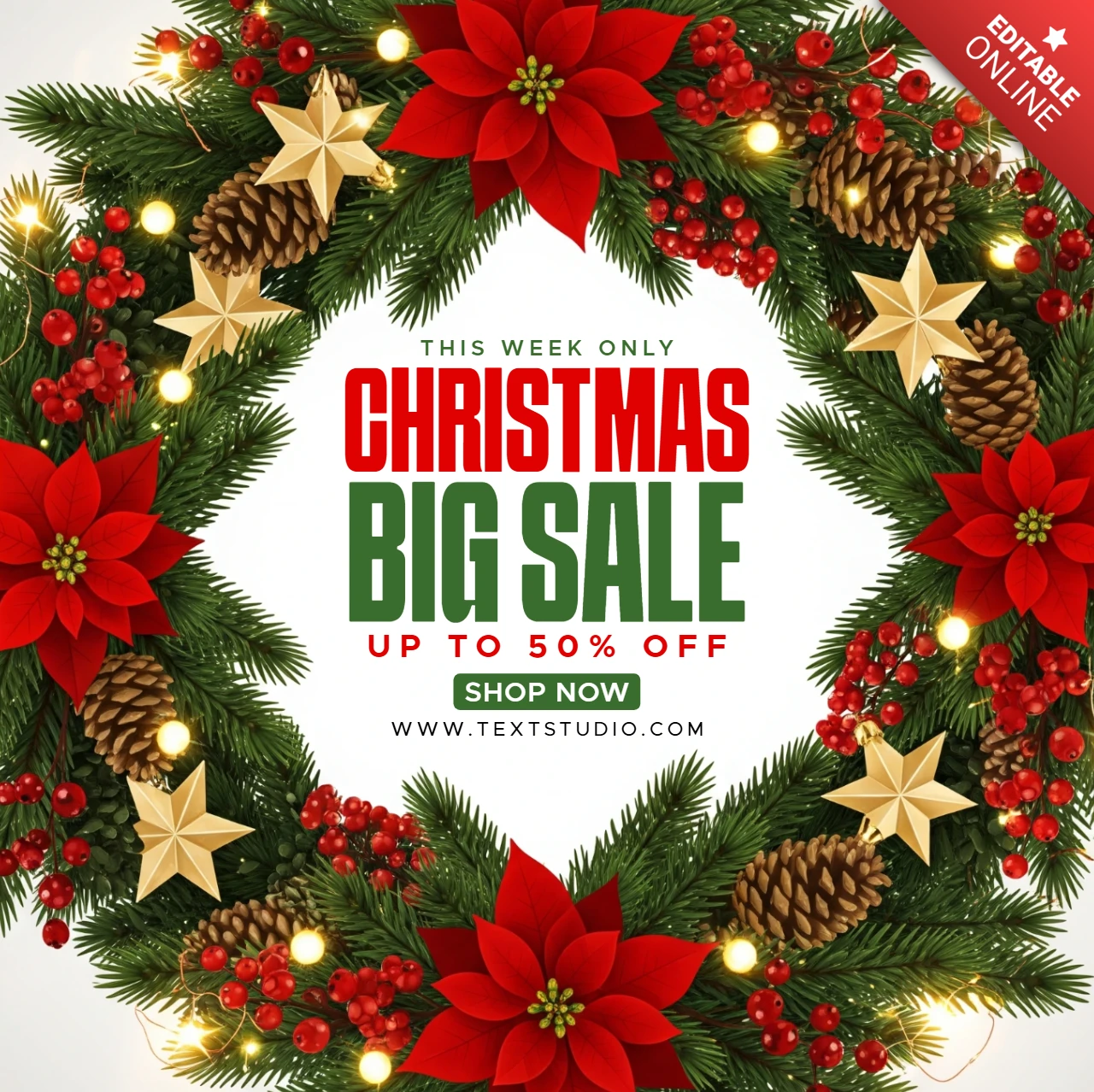 Holiday Promotion Poster Elegant Christmas Template with String Lights and Decorative Wreath Accents