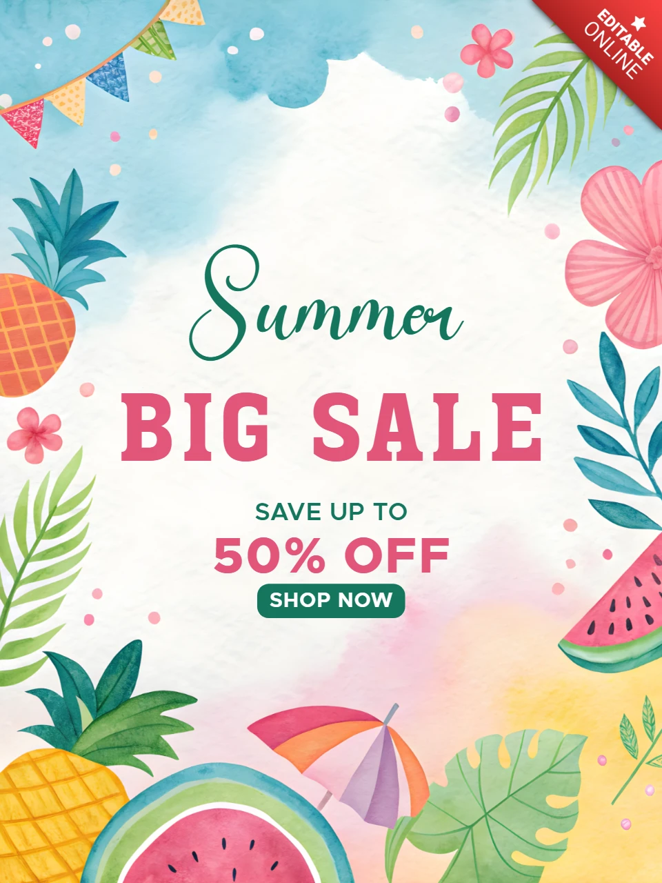 Summer Sale Design Template - Colorful Watercolor Style with Tropical Elements