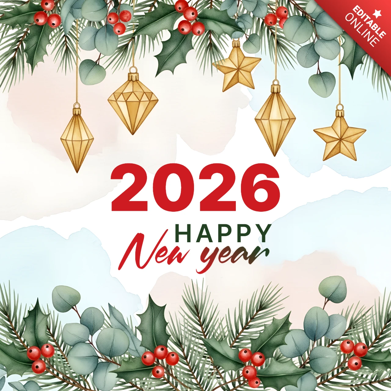 New Year 2026 Greeting Card Template with Festive Greenery and Ornaments Design
